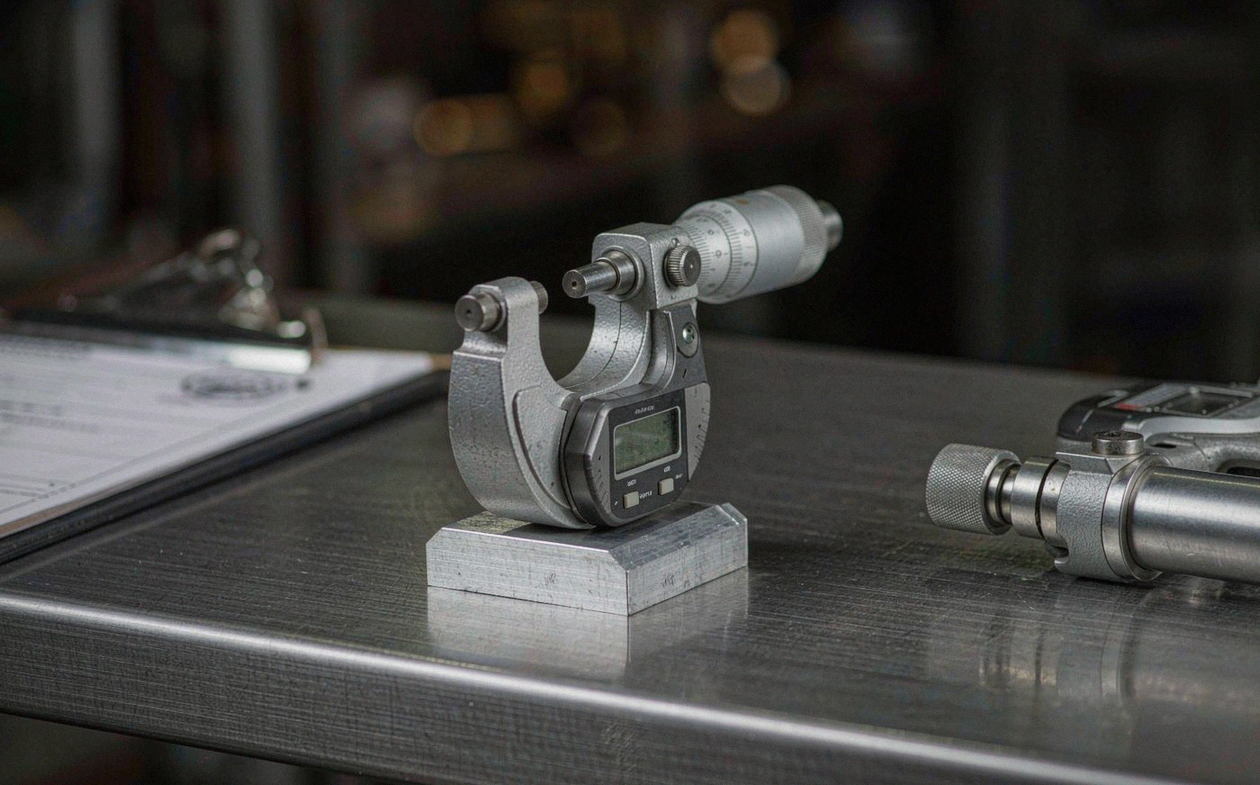 Digital micrometer measuring an aluminium test coupon
